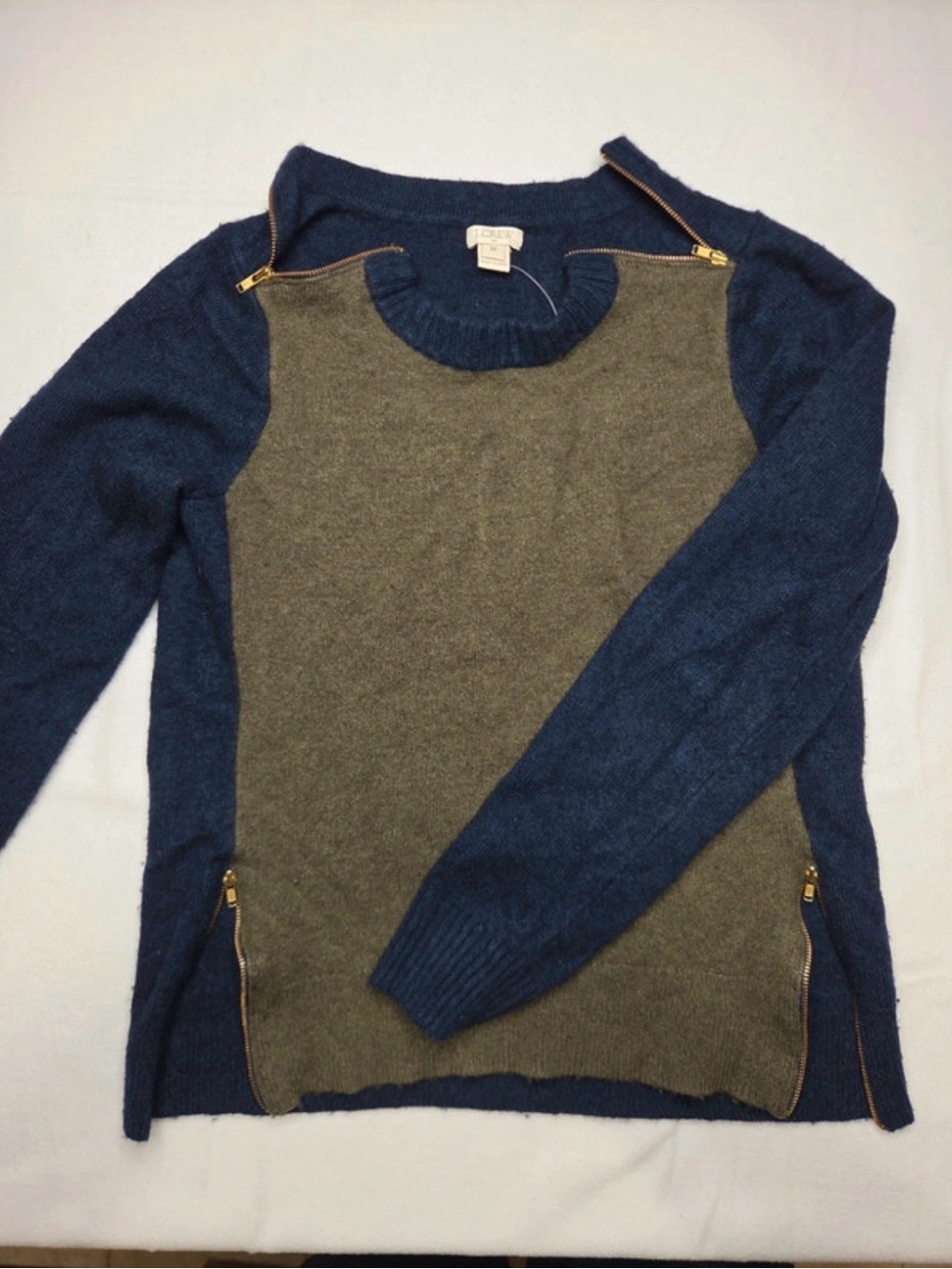 J. Crew Two-Tone Navy and Olive Zip-Accent Crewneck Sweater